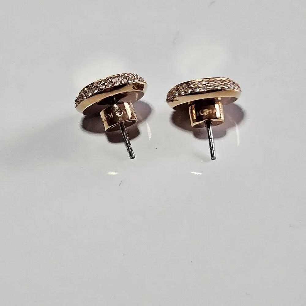 Michael Kors Rose Gold Round Earrings With Clear Crystal Stone Accents